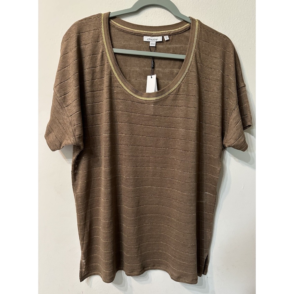 NWT Chico's Size L Brown Gold Metallic Stripe Linen Scoop Neck Top Short Sleeve